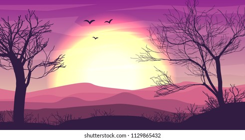 Safari cartoon background, desert savanna panorama and landscape with trees, hills, dunes and moon. Desert layered panoramic background, savannah dune landscape, African dune night time design in