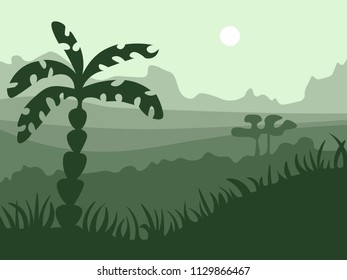 Safari cartoon background, desert savanna panorama and landscape with trees, hills and moon. Safary layered panoramic background, savannah landscape, African twilight design.