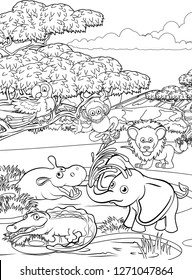 A safari cartoon cute animal background African savannah landscape coloring outline scene.