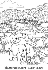 A Safari Cartoon Cute Animal Background African Savannah Landscape Coloring Outline Scene.