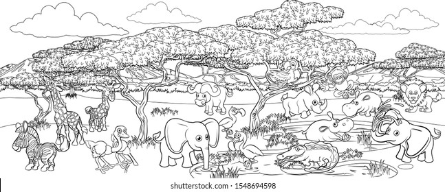 A safari cartoon cute animal background African savannah landscape coloring outline scene.