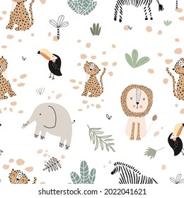 Safari childish seamless pattern vector illustration with lion, elephant, leopard, zebra toucan with green leaves on white background.