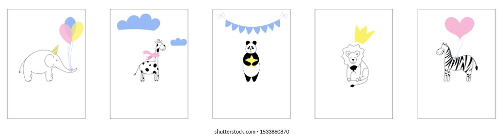 Safari is a children's art for room decoration. Giraffe, elephant, panda, lion, zebra. Print version.
