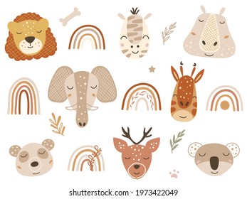 Safari clipart with baby animal faces and rainbows. Vector illustration.