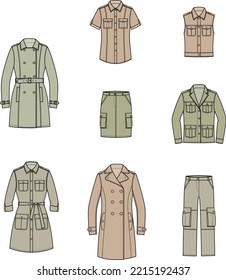 Frauensafari-Kleidung Set. Kurz Ärmelhemd, Rock, Strickmantel, Kleid, Mantel, Hose, Weste, Jacke. Vektorgrafik.