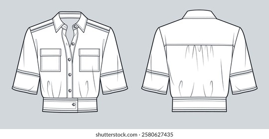 Safari Collar Shirt technical fashion illustration. Cropped Blouse fashion flat technical drawing template, buttons, pockets, front and back view, white, women, men, unisex CAD mockup.