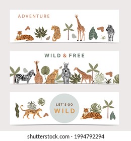 Safari collection with giraffe and zebra are standing.tiger and leopard are sitting on white background