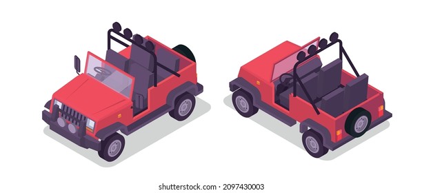 Safari colored and isometric icon set with two red pickup trucks for safari travel vector illustration