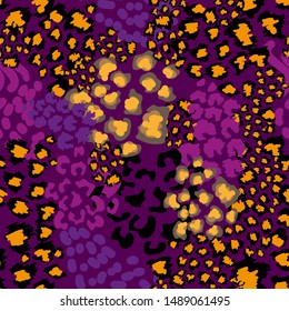 Safari colors. Seamless vector pattern with leopard texture. Ethnic textile collection.  Black, purple, yellow.