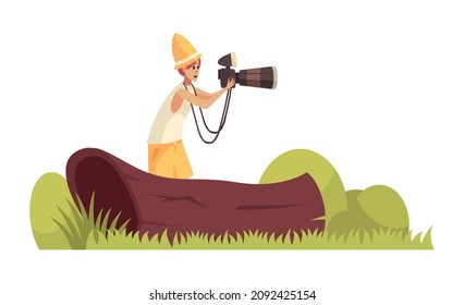 Safari composition with outdoor scenery and human character shooting with photo camera vector illustration