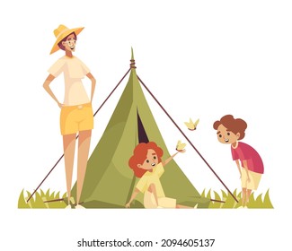 Safari composition with tent and doodle style characters of mother and two kids with butterflies vector illustration