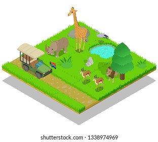 Safari concept banner. Isometric banner of safari vector concept for web, giftcard and postcard