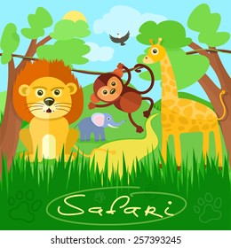 Safari concept. Cute african safari animals cartoon characters scene on background with trees