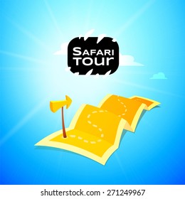 Safari concept logo, long route in travel map with guide marker, vector illustration