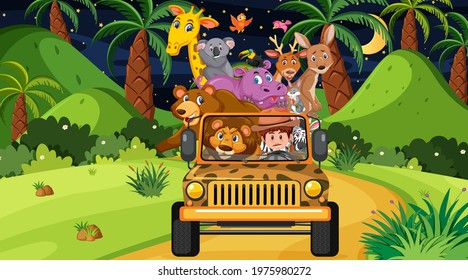 Safari concept with wild animals in the jeep car illustration