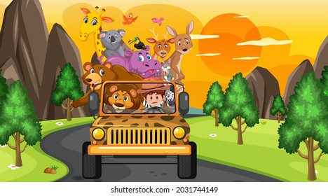 Safari concept with wild animals in the jeep car  illustration