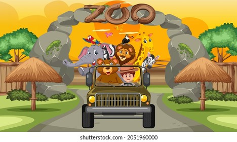 Safari concept with wild animals in the jeep car  illustration