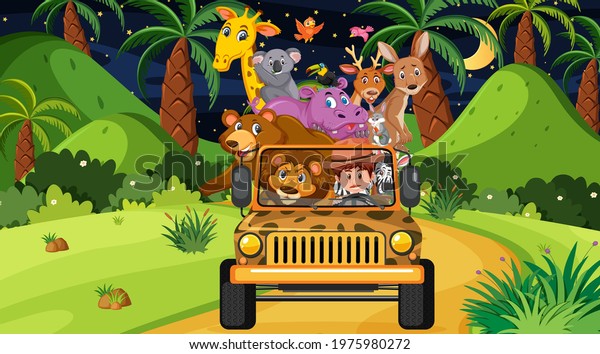 Safari concept with wild animals in the jeep\
car illustration