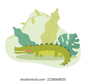 Safari Krokodil Symbol. Tropische und exotische Tiere, Reptilien. Poster oder Banner für Website, Aufkleber für soziale Netzwerke. Fauna und wild lebende Tiere, Raubtiere und Gefahren. Cartoon-Flavektor-Vektorgrafik