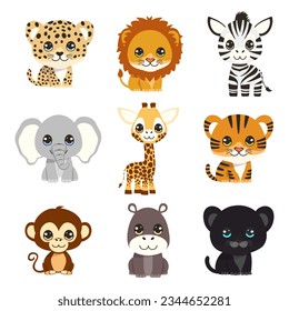 Safari cute animals set, vector flat illustration