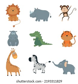 Safari cute animals vector set. Lion, tiger, hippo, crocodile, giraffe, toucan, monkey, zebra, elephant, rhinoceros