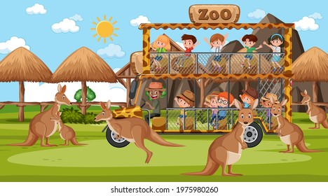 Safari at day time scene with many kids watching kangaroo group illustration