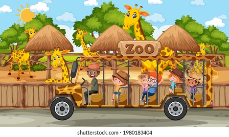 Safari at day time scene with many kids watching giraffe group illustration