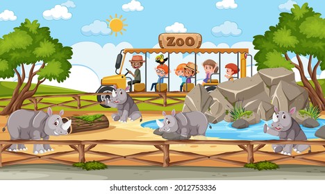 Safari at day time scene with many kids watching rhinoceros group illustration