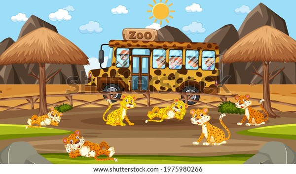Safari at day time scene with many kids\
watching leopard group\
illustration
