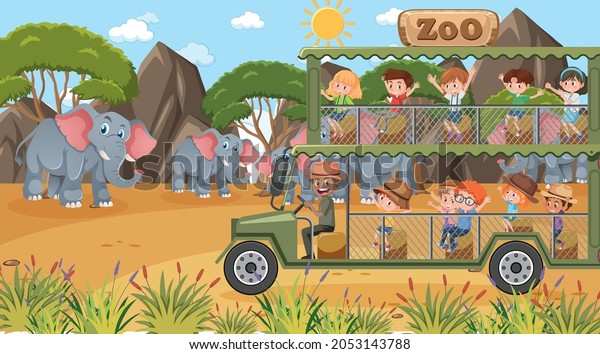 Safari at day time scene with many kids\
watching elephant group\
illustration