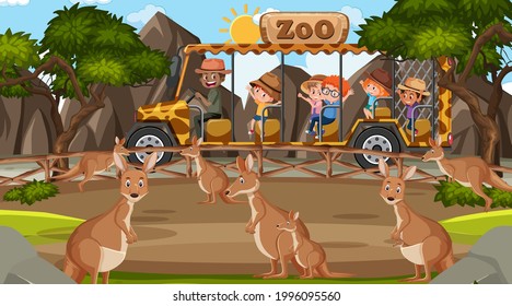 Safari at daytime scene with children watching kangaroo illustration