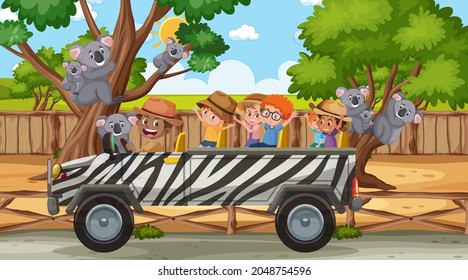 Safari at daytime scene with children watching koala illustration