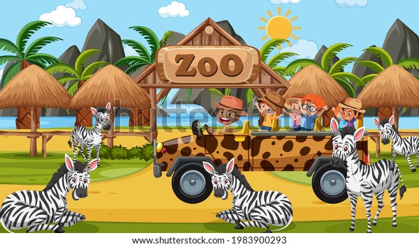 Safari at daytime scene with children\
watching zebra group\
illustration
