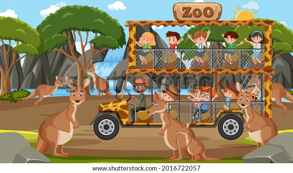 Safari at daytime scene with children\
watching kangaroo group\
illustration