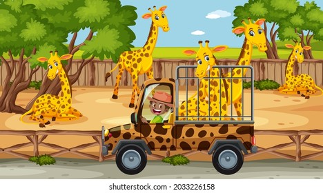 Safari at daytime scene with kids watching giraffe group illustration