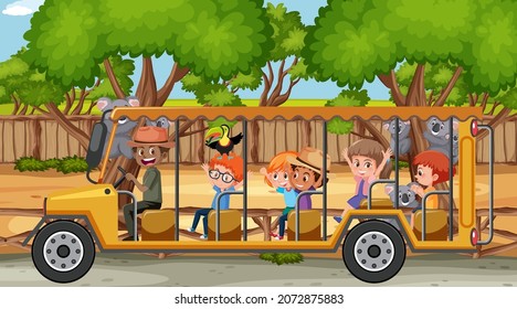 Safari at daytime scene with kids watching koala group illustration
