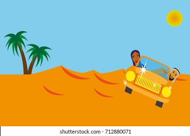 Safari In The Desert . Arab Family In The Car . Flat Design