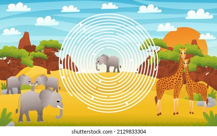 Safari desert circle maze for kids with cute elephant characters, help to find right way, printable worksheet