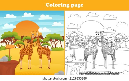 Safari desert landscape for kids with cute animal characters - giraffes, coloring page for children books,