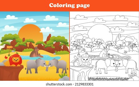 Safari desert landscape for kids with cute animal characters - elephants, lion, hippo, coloring page for children books