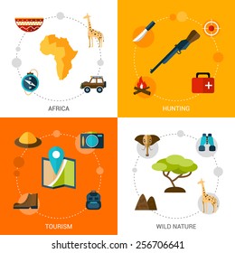 Safari design concept set with africa tourism wild nature hunting flat icons isolated vector illustration
