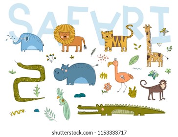 Safari design set. Cartoon vector illustration. Hand drawn.