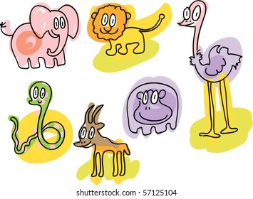 safari doodles: elephant, lion, ostrich, snake, antelope, hippo