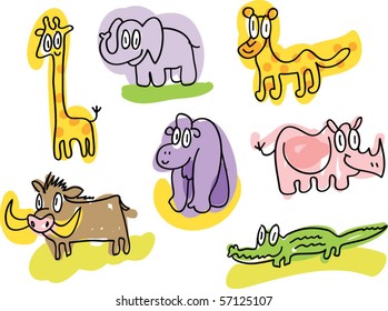 safari doodles: giraffe, elephant, leopard, gorilla, warthog, alligator, rhino