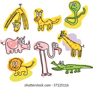 safari doodles: giraffe, leopard, cobra, rhino, flamingo, giraffe, alligator, lion