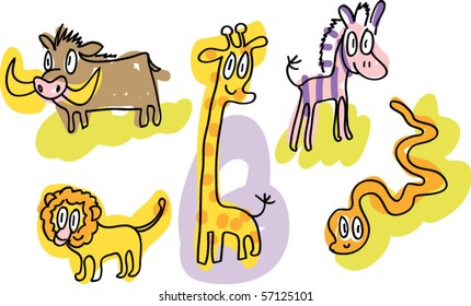 safari doodles: warthog, giraffe, zebra, snake, lion