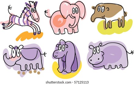 safari doodles: zebra, elephant, tapir, rhino, gorilla, hippo
