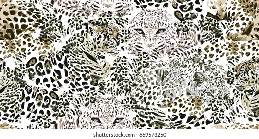 Safari dreams. Grunge background with leopard spots. Seamless vector animal print. Ethnic textile collection. Black, white, grey.