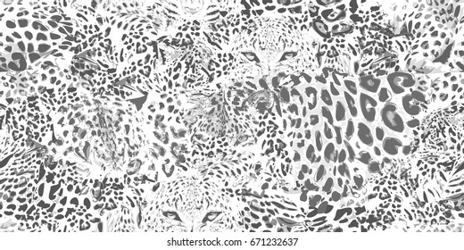 Safari dreams grunge pattern. Grunge background with leopard spots. Seamless vector animal print. Ethnic textile collection. Black, white, grey.