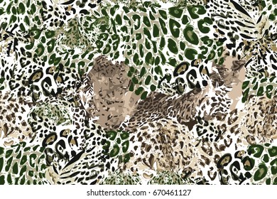 Safari dreams pattern. Grunge background with leopard spots. Seamless vector animal print. Ethnic textile collection. Black, white, green.